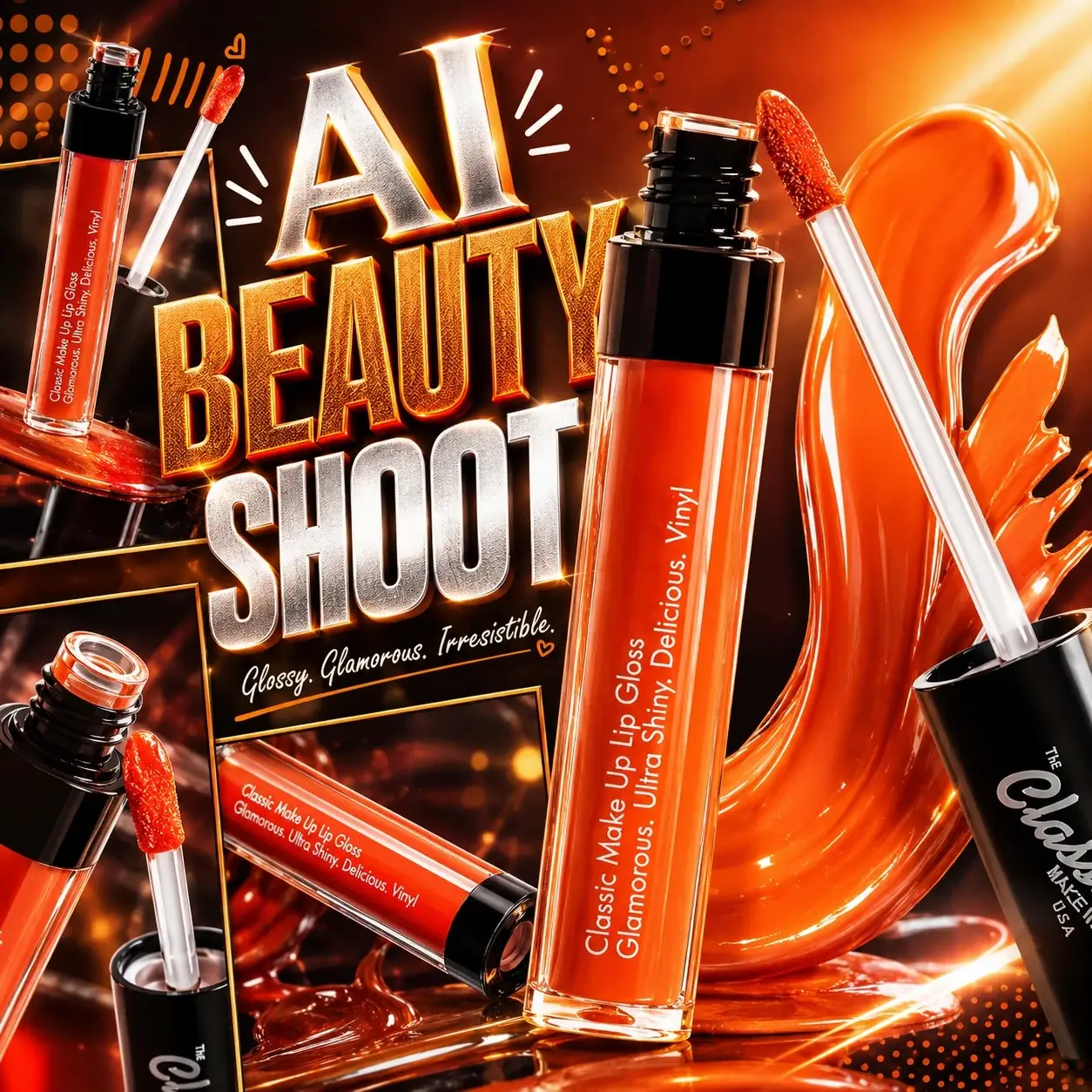 Cinematic AI lip gloss beauty campaign visual