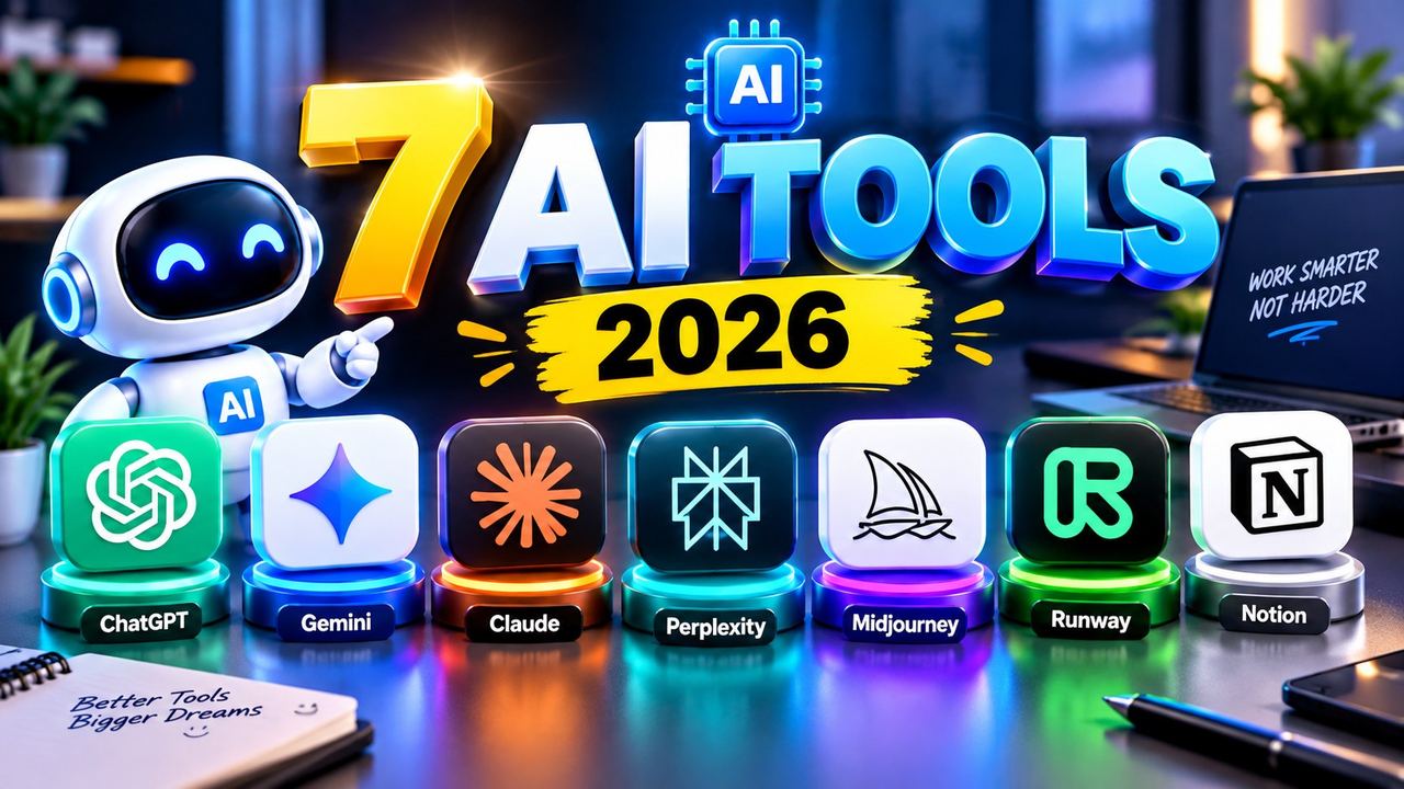 Professional 16:9 thumbnail for 7 AI Tools You Need in 2026 to 10X Your Content and Business