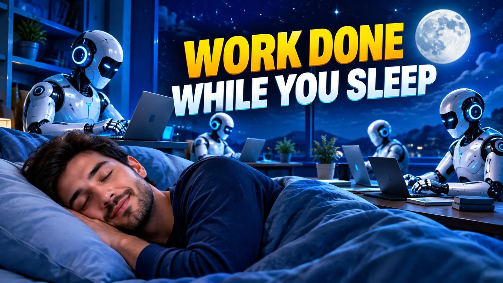 Person sleeping peacefully while robots work on laptops around them