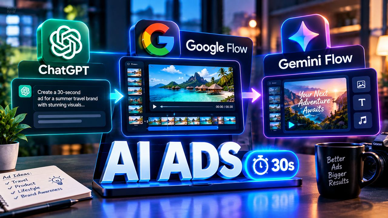 Professional 16:9 thumbnail for AI Product Ads in 30 Seconds With ChatGPT + Google Flow (2026)