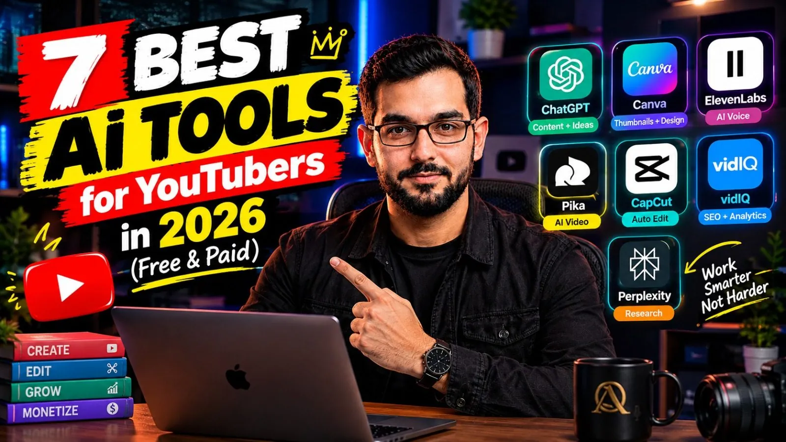 Professional 16:9 thumbnail for 7 Best AI Tools for YouTubers in 2026 (Free & Paid)