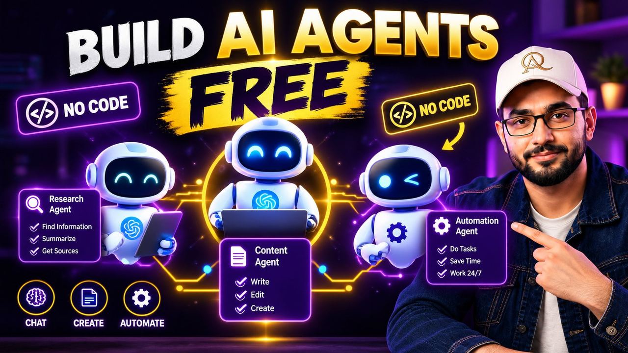 Three glowing AI agent bots connected by circuit lines with no-code badges