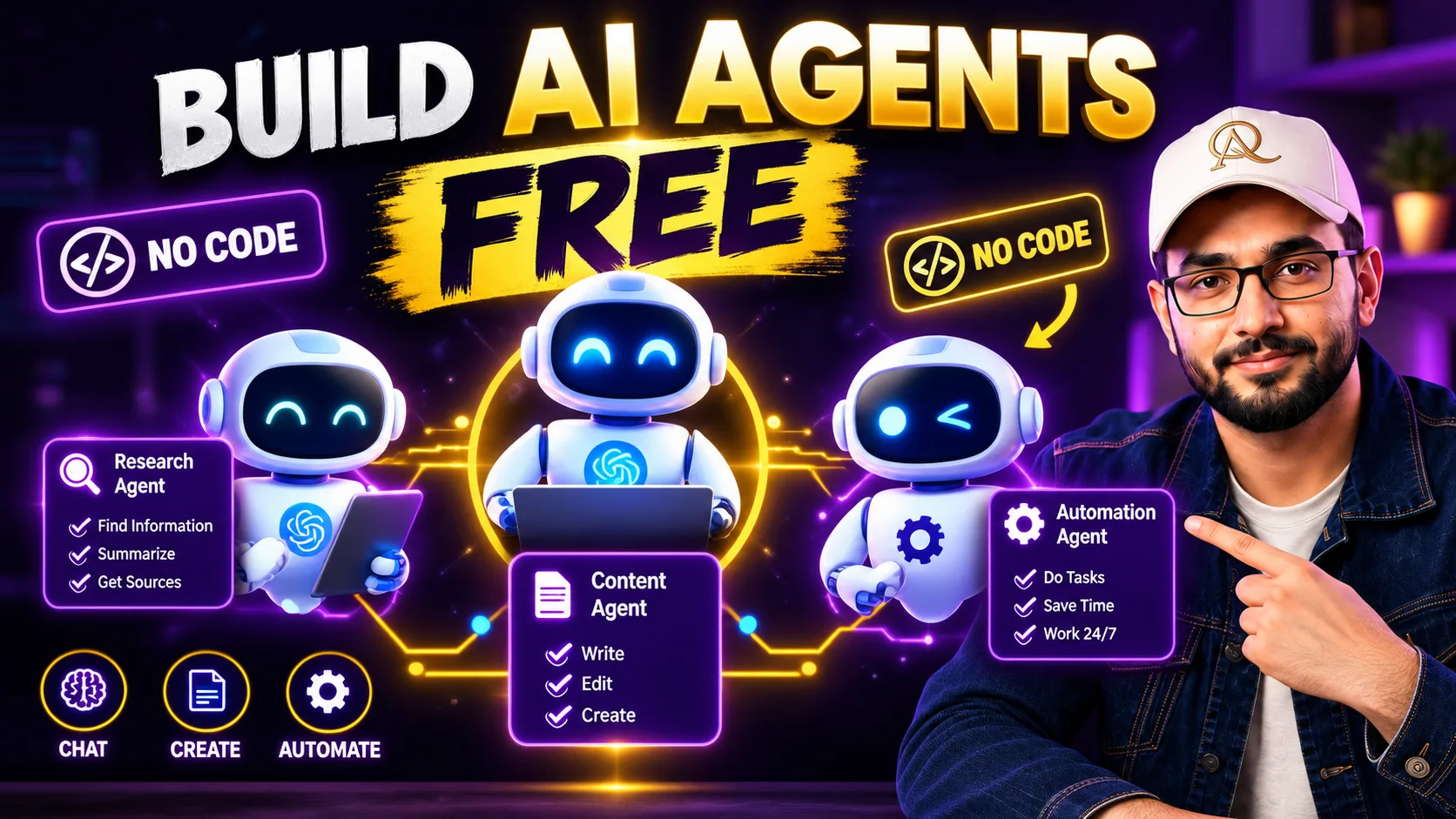 Three glowing AI agent bots connected by circuit lines with no-code badges