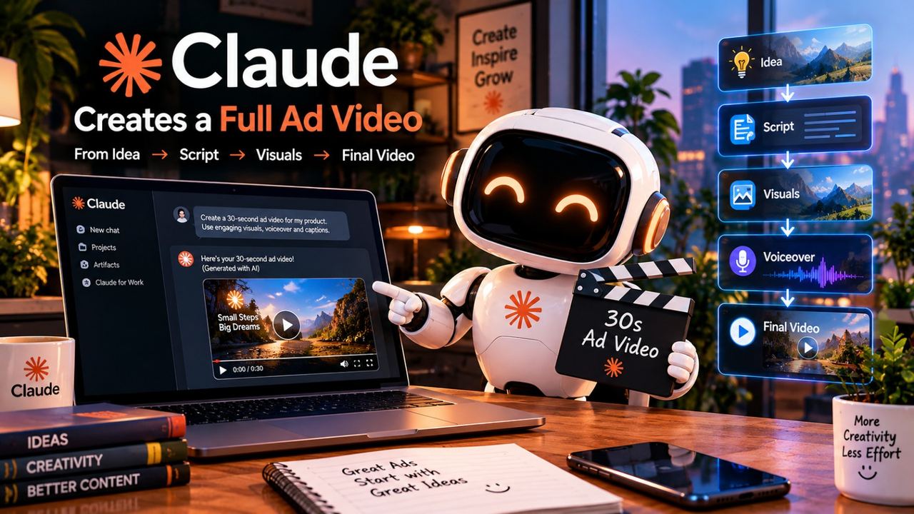 Professional 16:9 thumbnail for Claude Creates a Full Ad Video With One Connector (2026)