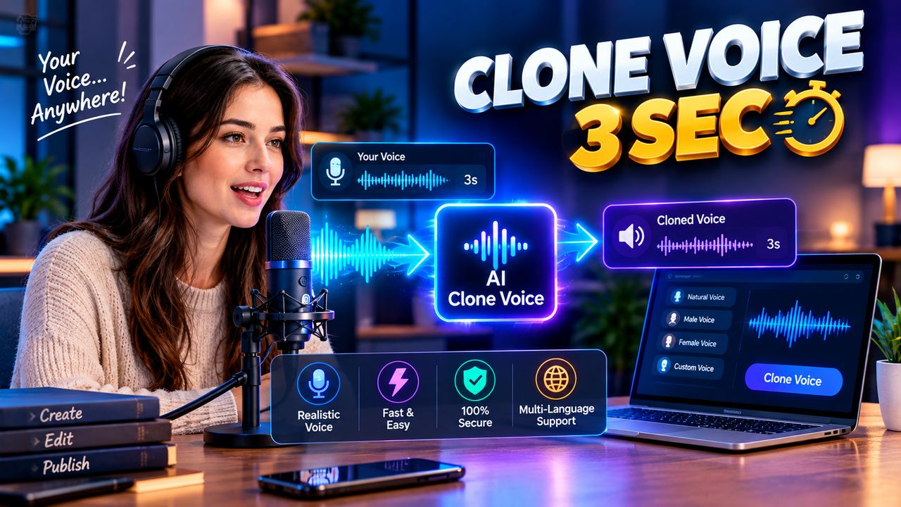 Professional 16:9 thumbnail for Clone Your Voice in 3 Seconds With AI (2026 Guide)