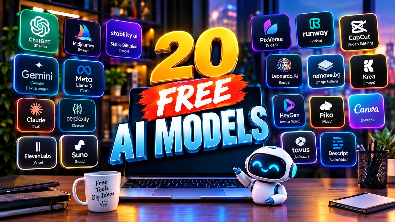 Professional 16:9 thumbnail for 20+ Free AI Models With One API Key (2026 Guide)