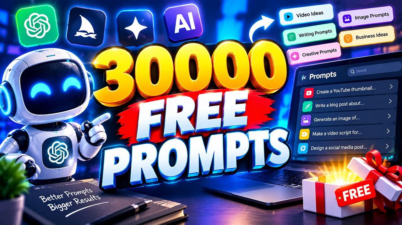 Professional 16:9 thumbnail for 30,000+ Free AI Prompts in One Website (2026 Guide)