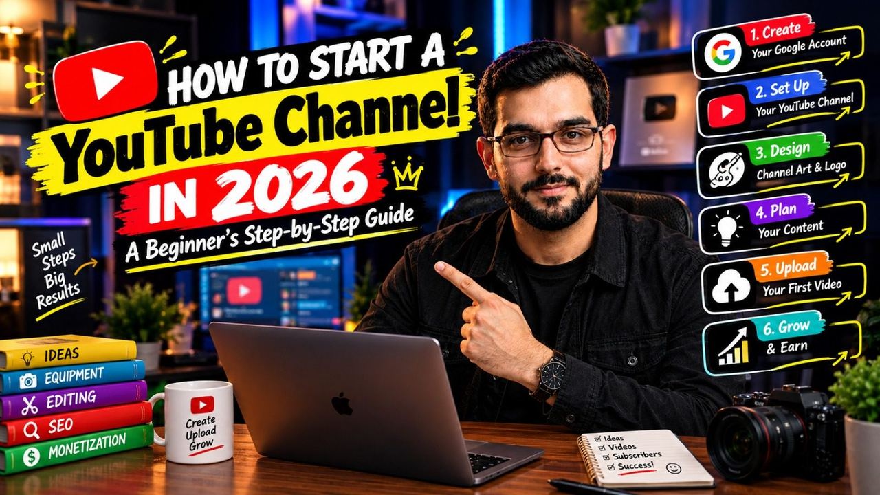 Professional 16:9 thumbnail for How to Start a YouTube Channel in 2026: A Beginner's Step-by-Step Guide