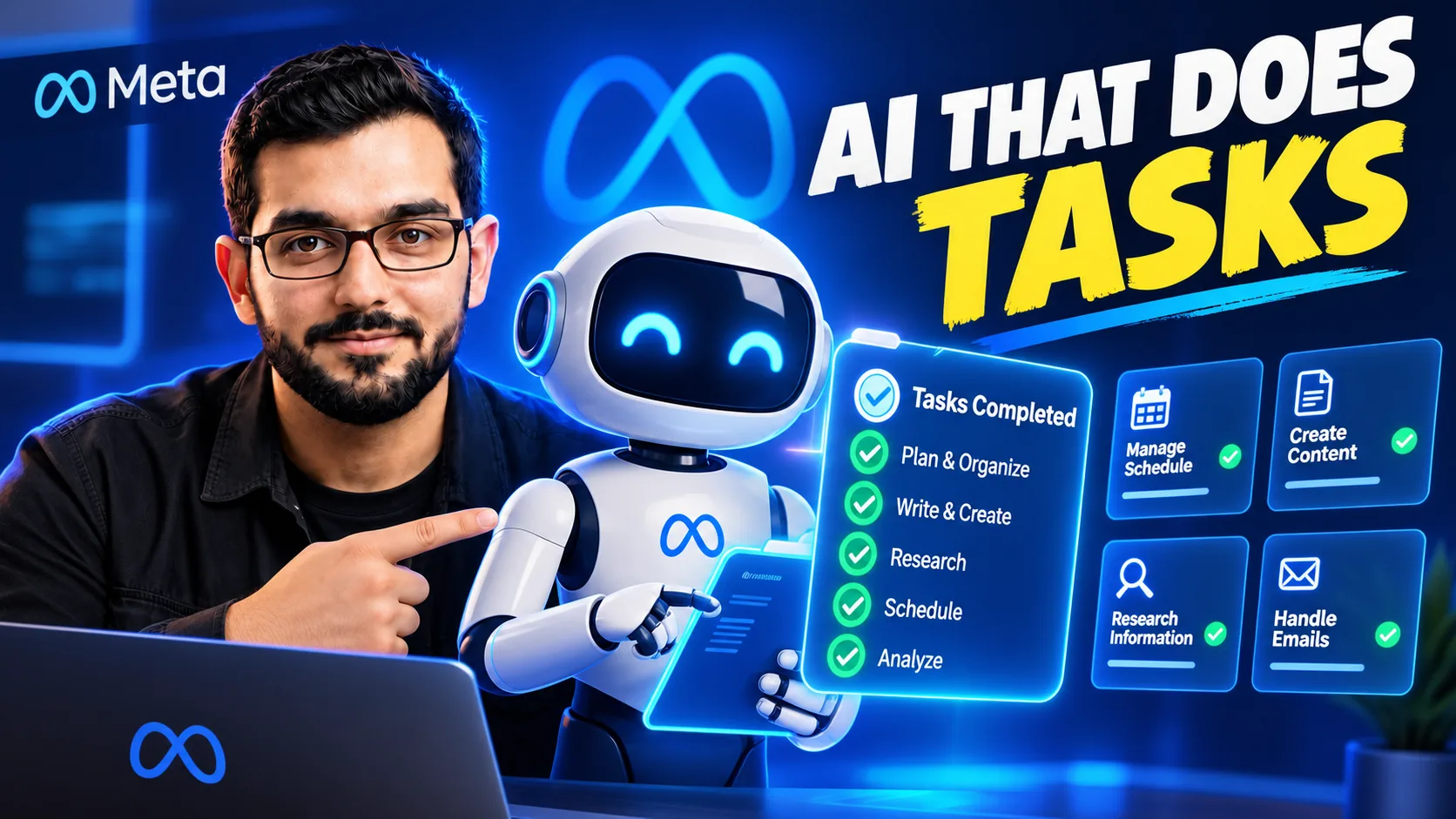 Friendly robot assistant completing checklist tasks on floating screens for Meta Muse AI