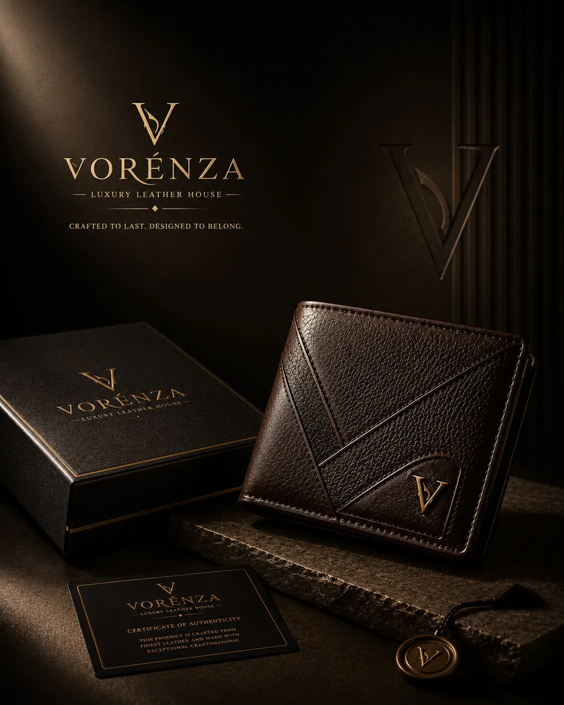 VORÉNZA professional logo and luxury leather brand identity presentation