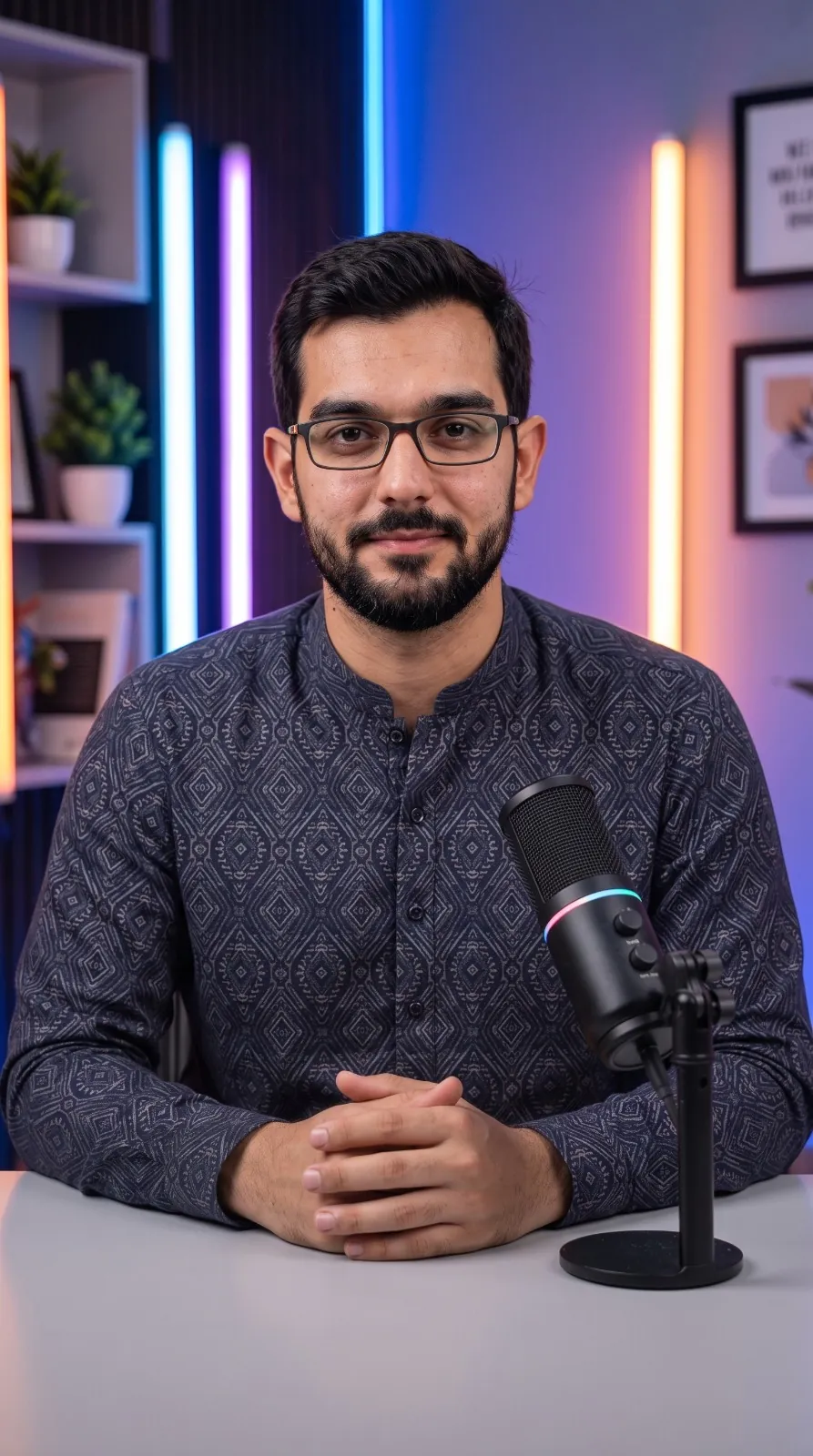 Qasim Kayani seated at his creator desk with a microphone