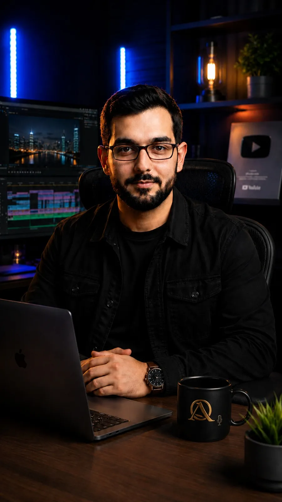 Qasim Kayani working at his video editing desk